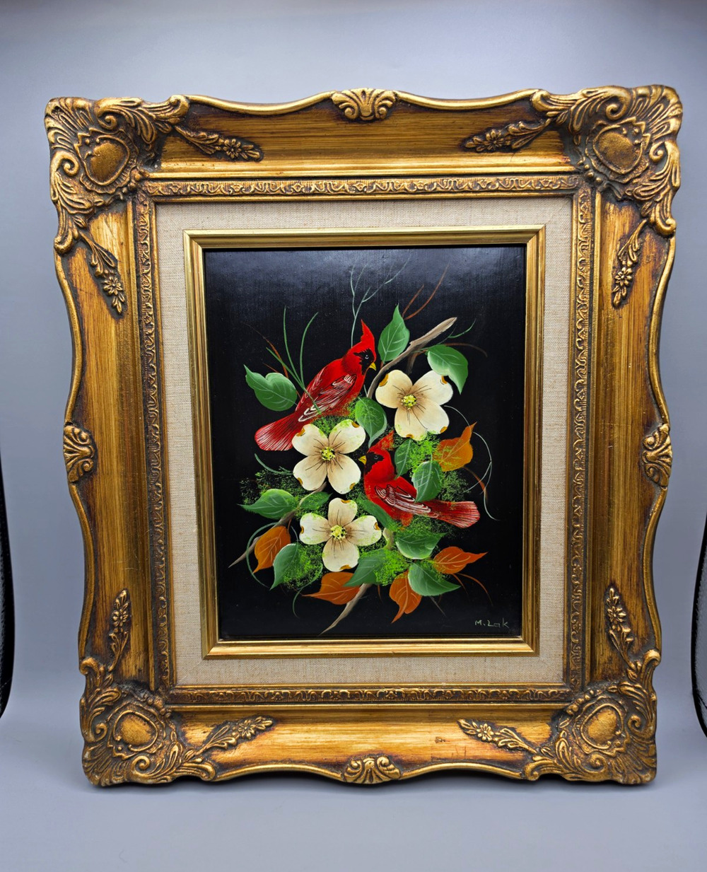 Vintage M. Lak Original Painting Ornate Gold Wood Frame Red Cardinals Dogwood